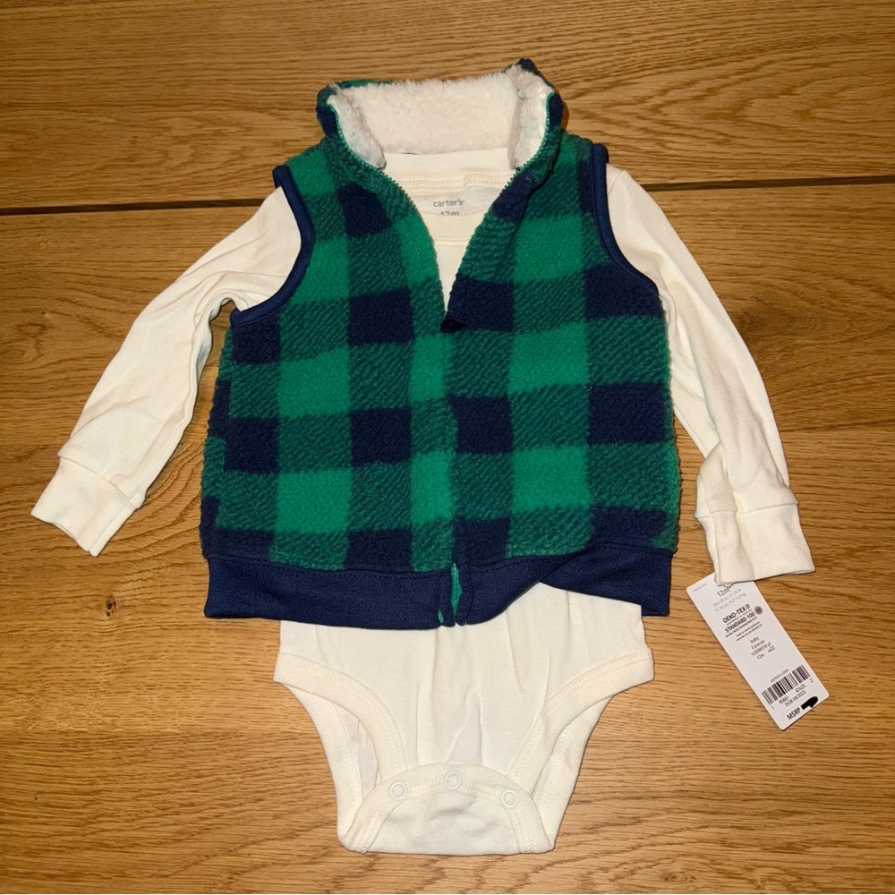 Green and Navy Plaid Vest with Onesie